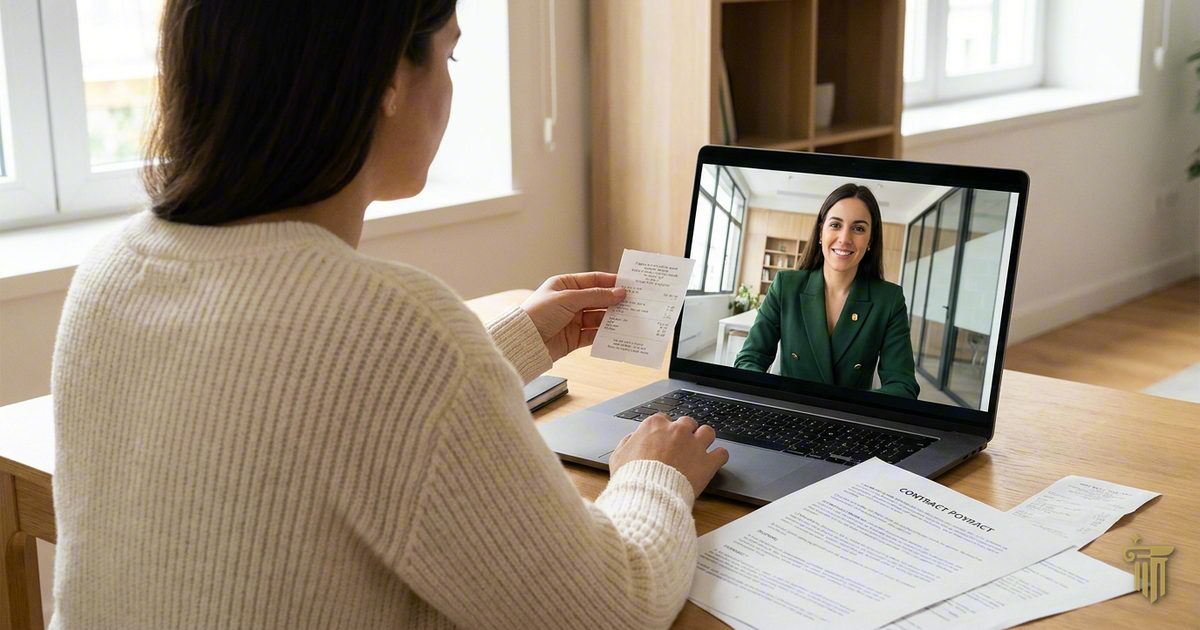 Cliente em videochamada com a advogada, com um recibo na mão