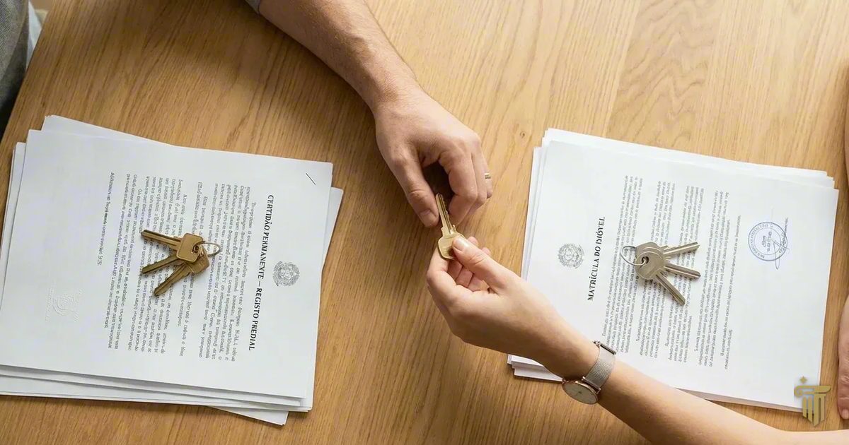 Troca de chaves entre duas pessoas, com a certidão do registo predial português de um lado e a matrícula do imóvel brasileira do outro