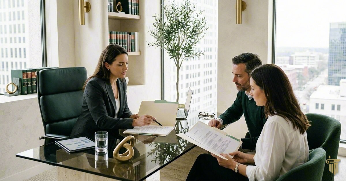 Advogada em reunião com um casal, a rever documentos num escritório com vista para a cidade