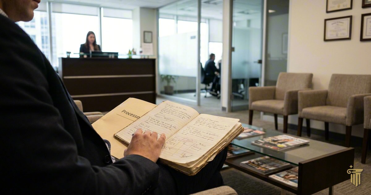 Sala de espera de um escritório de advocacia, com um cliente a rever notas