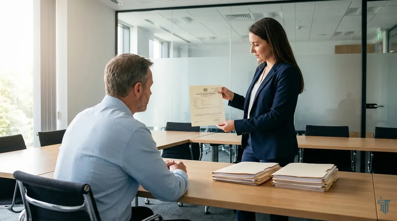 Advogada mostra uma certidão oficial ao cliente numa sala de reuniões
