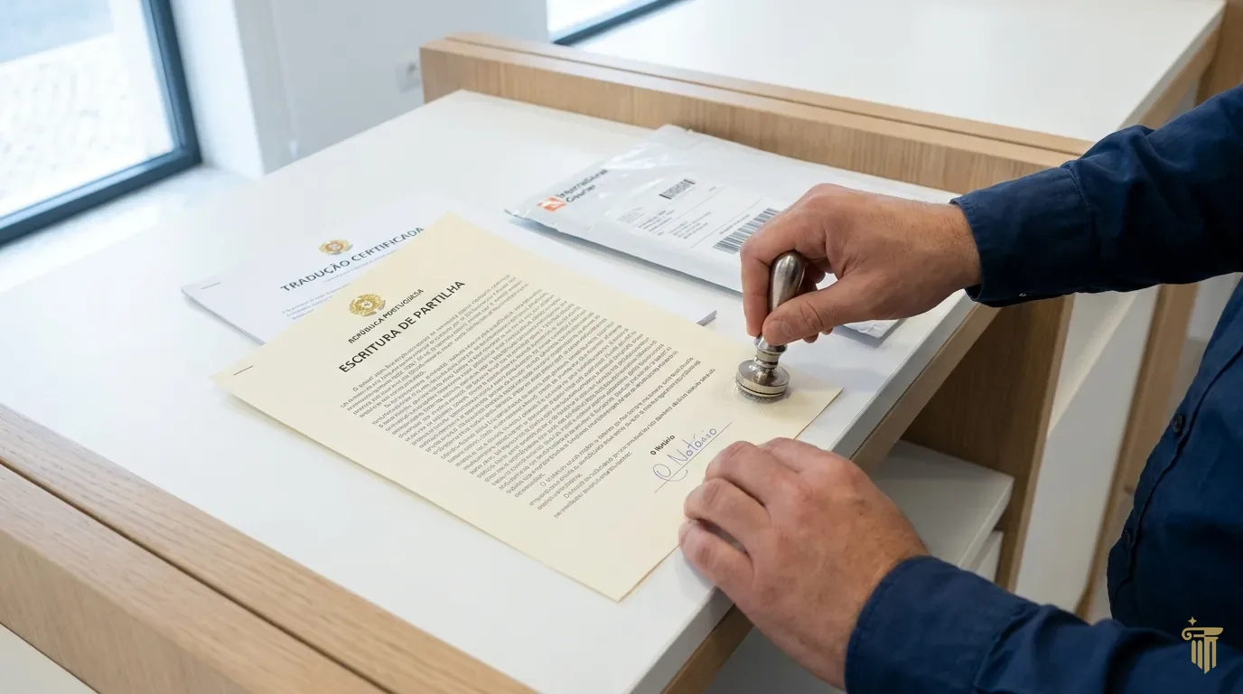 Notário carimba uma escritura de partilha, com a tradução certificada ao lado