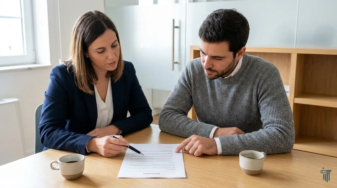 Advogada explica o caso à cliente numa primeira consulta, enquanto esta toma notas