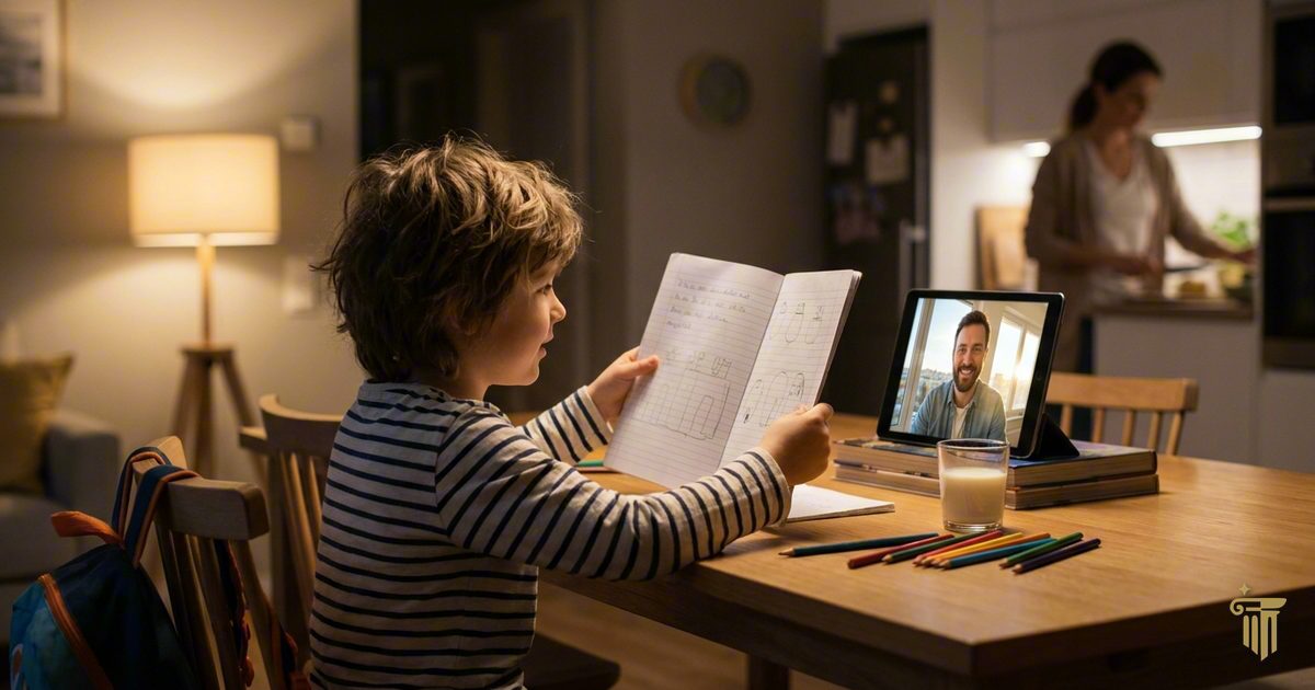 Criança em videochamada com o pai, a mostrar o caderno da escola