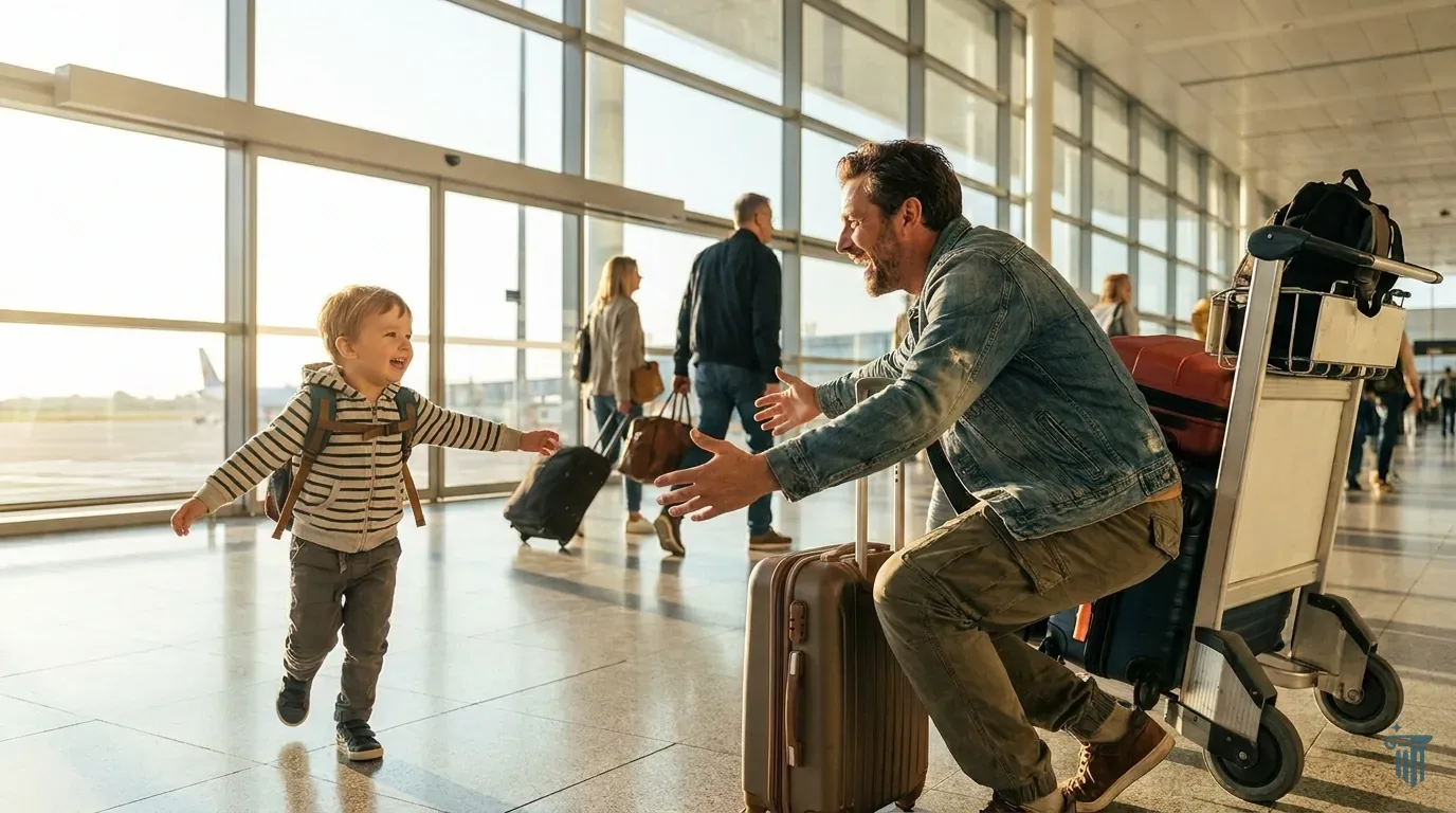 Pai ajoelhado de braços abertos recebe o filho que corre para ele num aeroporto